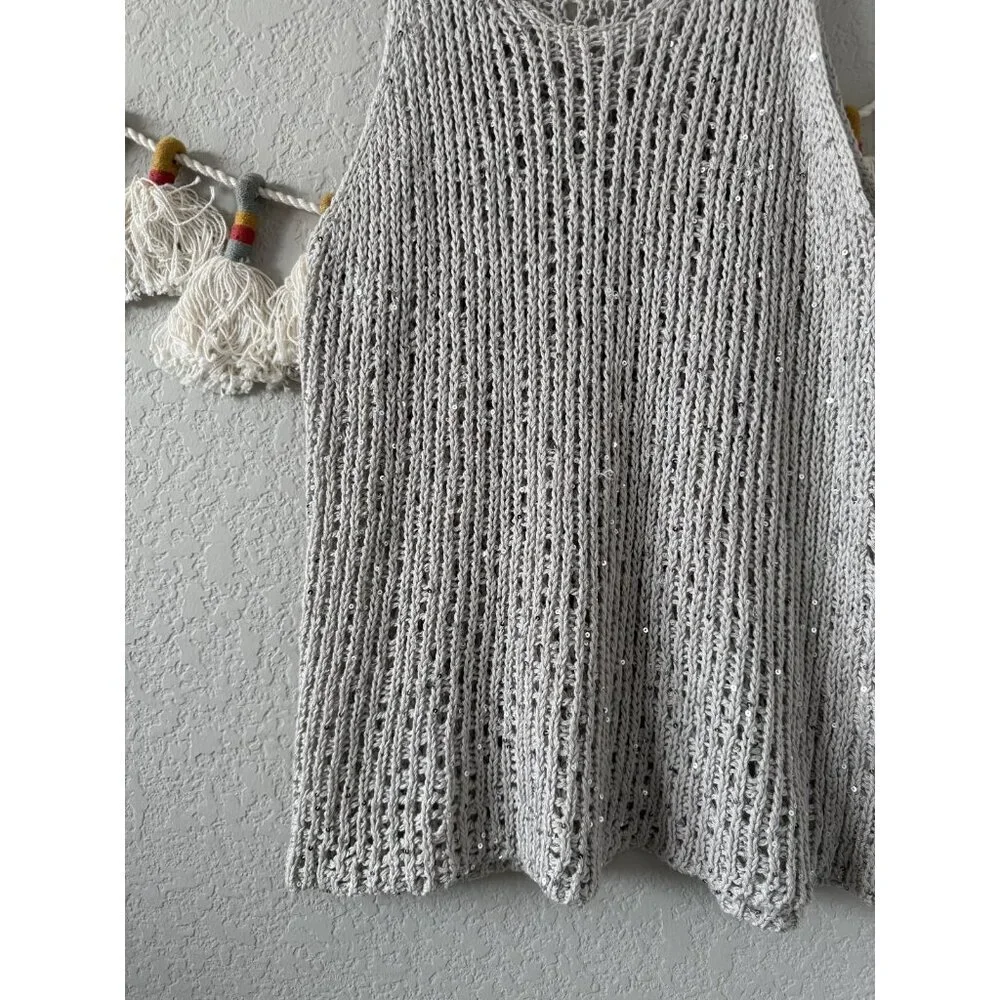Eileen Fisher Sequin Open Knit Sleeveless Cami Tank Top Coastal Boho Beachy L - Picture 3 of 8